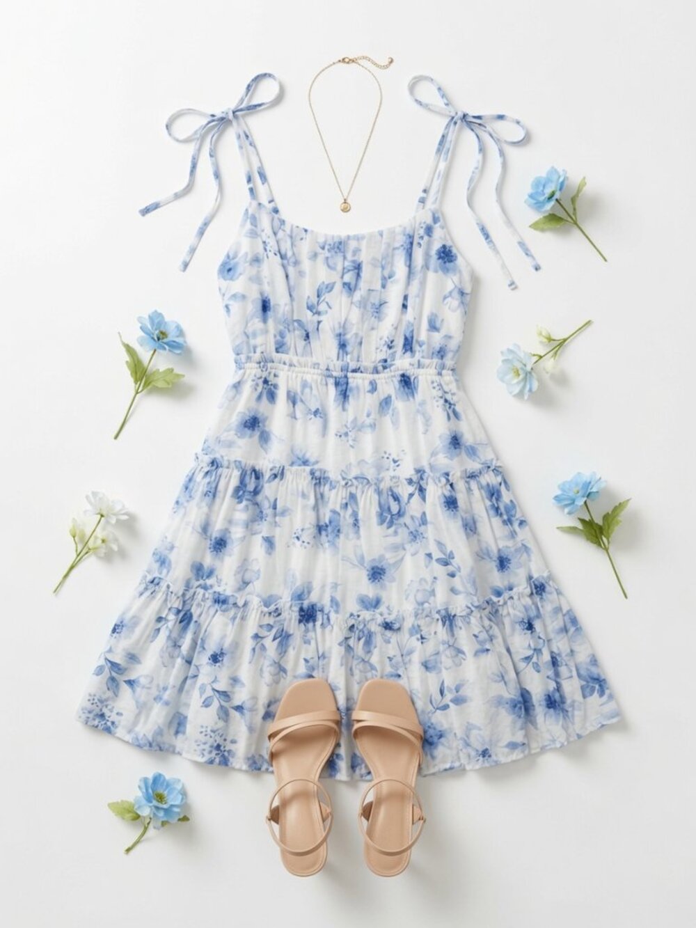 Floral Spaghetti Strap Tiered Back Tie Mini Dress Medium